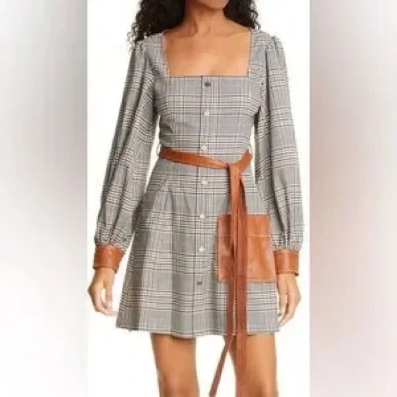 STAUD ‘Oz’ Checkered Long Sleeve Dress with Leatherette Details - Picture 5 of 16